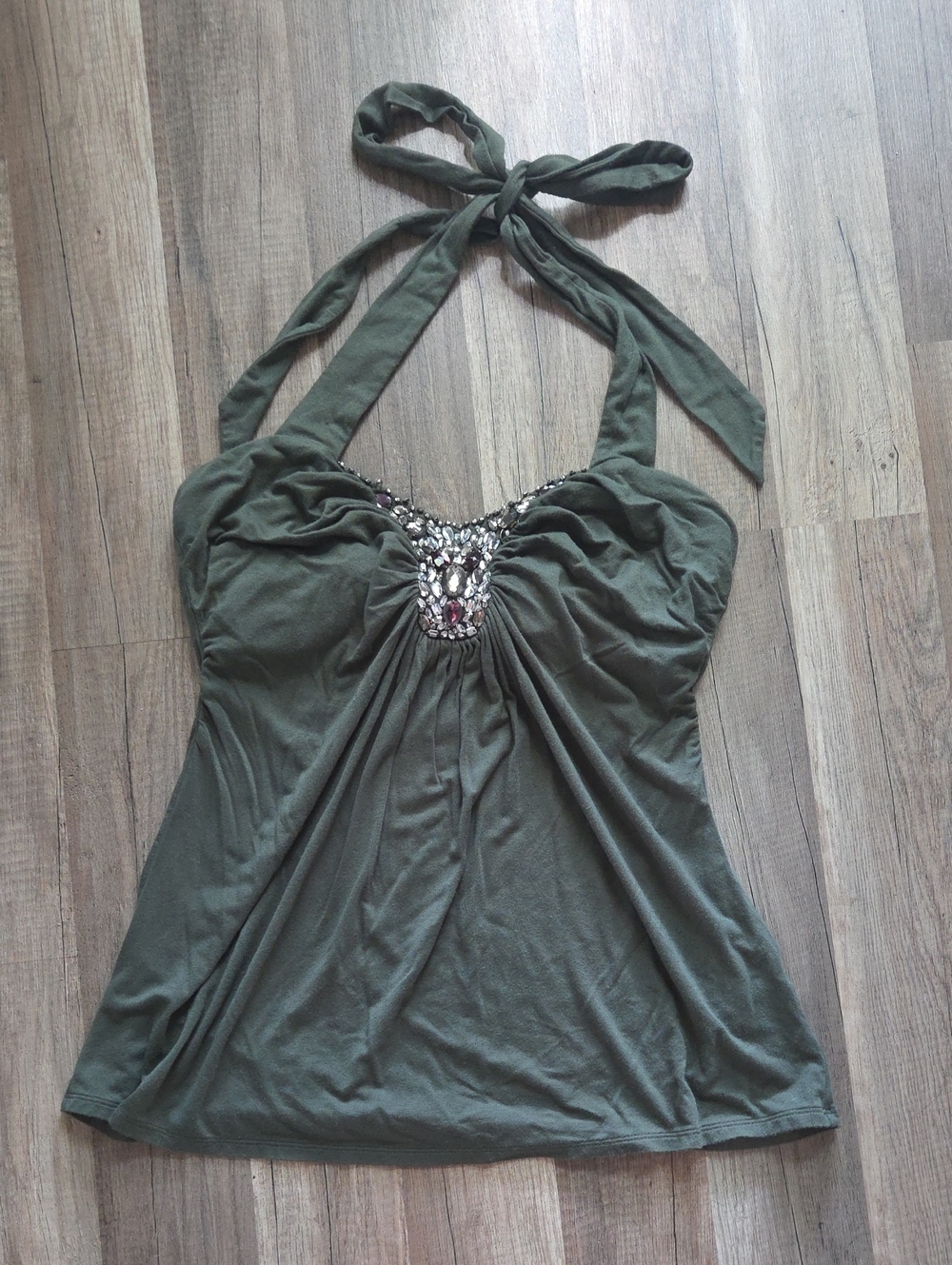 White House Black Market Olive Green Jeweled Halter Tank